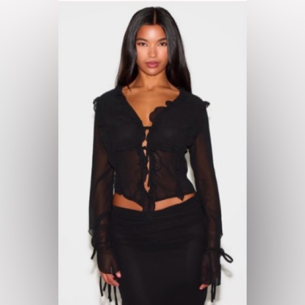 PrettyLittleThing BLACK CHIFFON RUFFLE TIE FRONT BLOUSE US SIZE 4